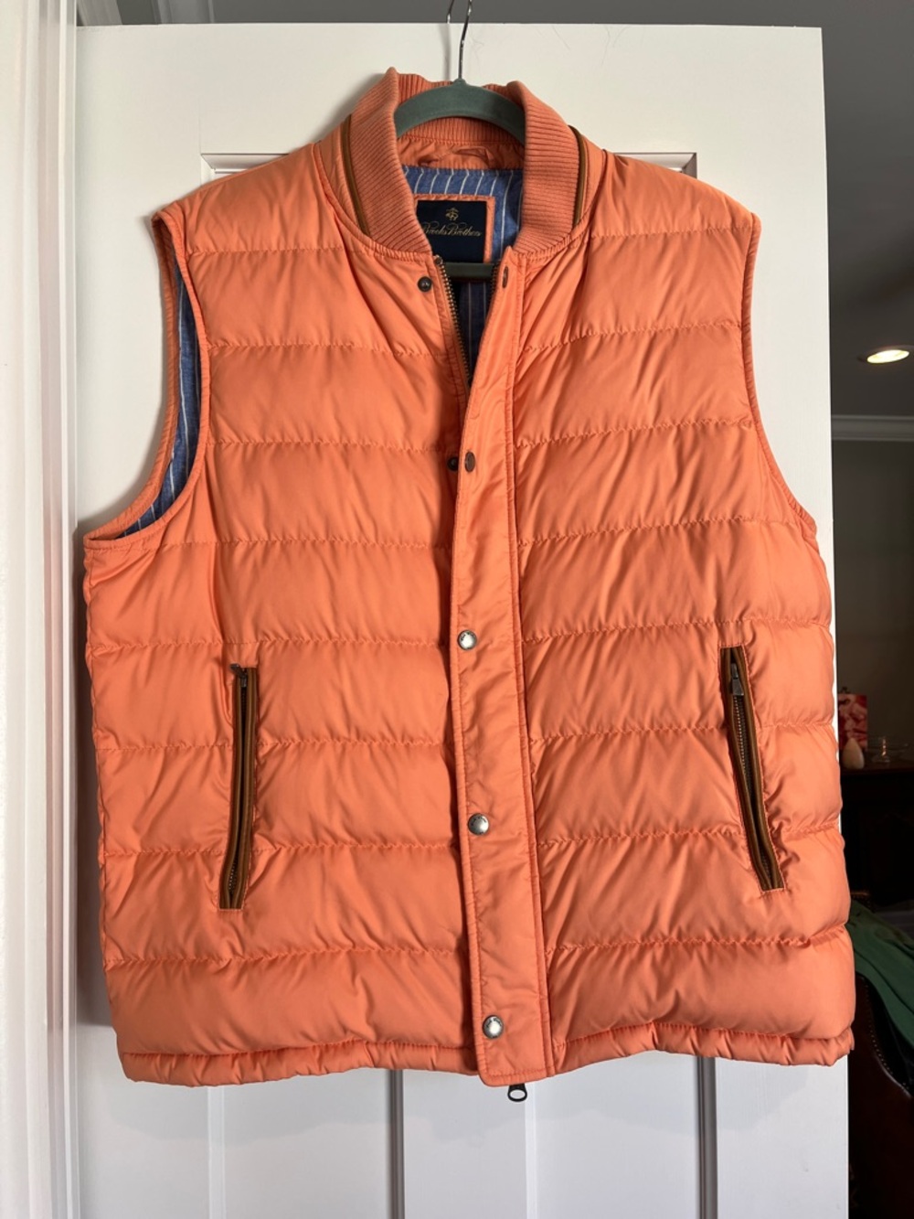 Brooks Brothers Down Puffer Vest Sz LARGE Orange & Leather Accents